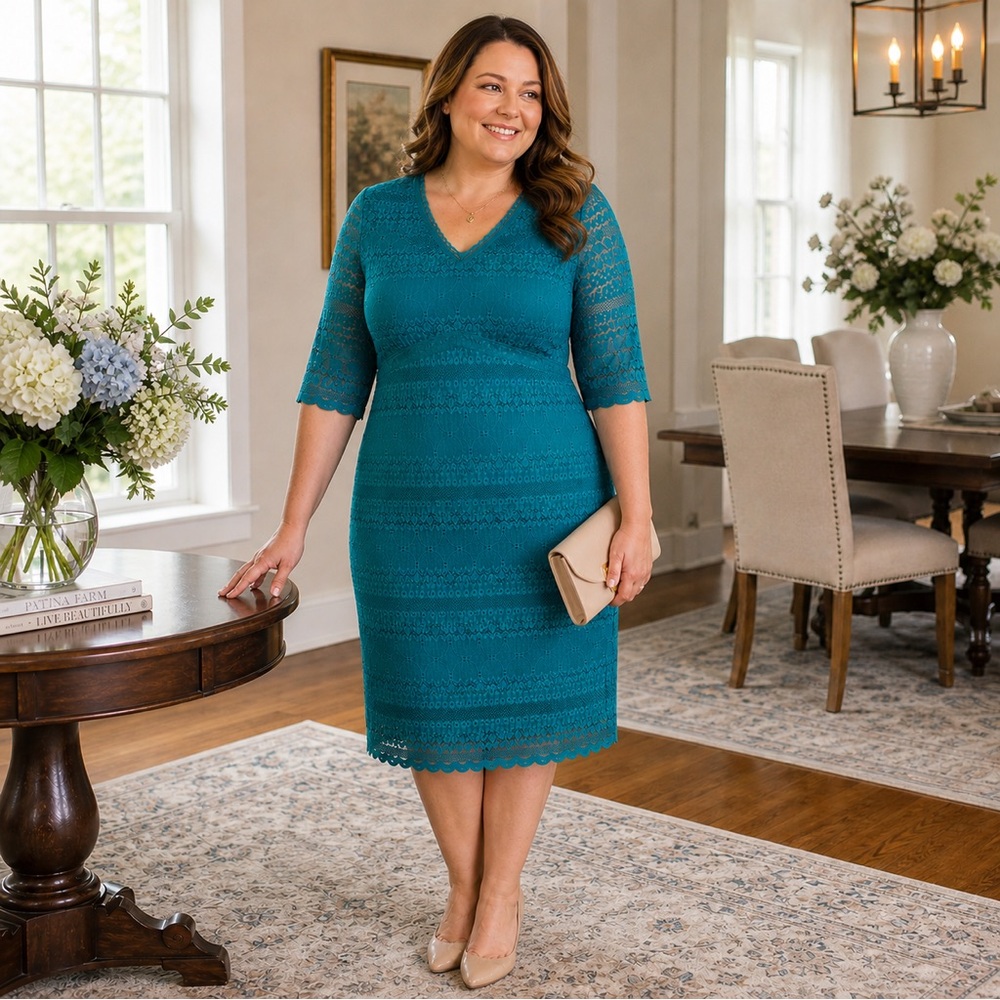 Rabbit Rabbit Rabbit Teal Lace Midi Dress Size 12 3/4 Sleeve V-Neck Sheath
